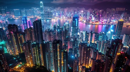 Obraz premium A stunning night view of a vibrant city skyline illuminated by colorful lights.
