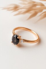 Elegant black diamond engagement ring showcased on a soft neutral surface with minimalistic charm