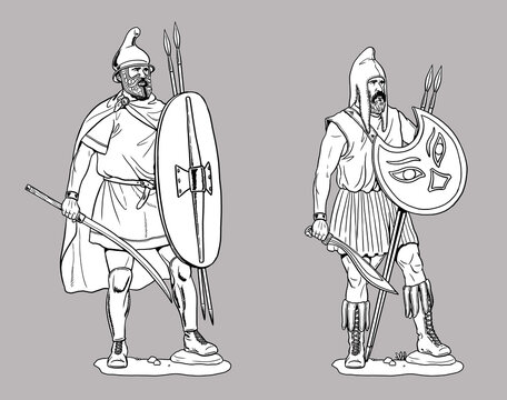 Thracian warriors. Handmade historical drawing with ancient soldiers.