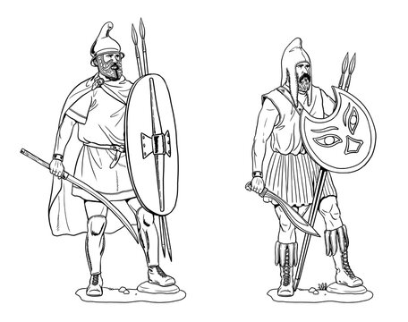 Thracian warriors. Handmade historical drawing with ancient soldiers.