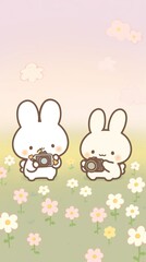 Bunny taking selfie in meadow cartoon blossom flower