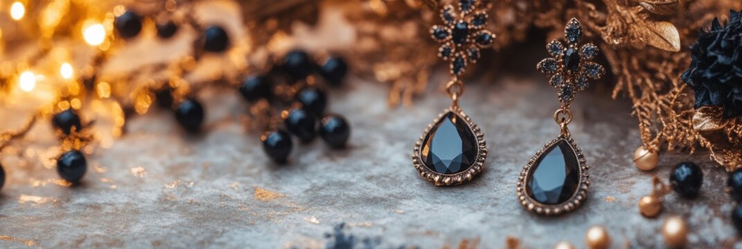 Elegant black gemstone earrings glistening in gothic style on a minimalist backdrop