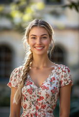 A vibrant portrait of a young woman with blonde braided hair wearing a floral dress, radiating happiness with a broad smile, standing outdoors against a blurred sunny backdrop.