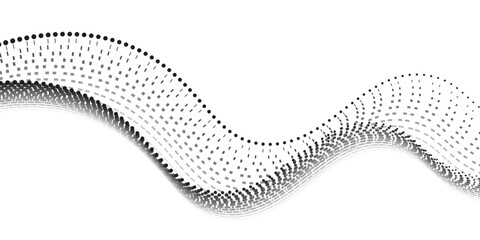Flowing dots particles wave pattern halftone gradient curve shape isolated on white background.