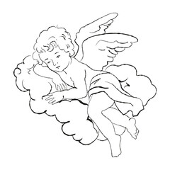 Valentine Day cherub doodle set, vector hand drawn love collection, cute cupid . Vector romantic coquettish scribble, ribbon bow arrow baby angel. Whimsical Valentine doodle