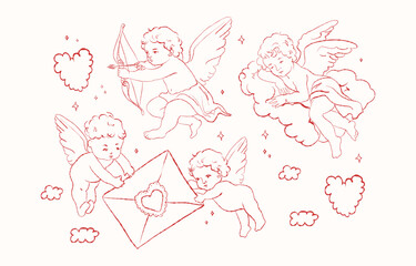 Valentine Day cherub doodle set, vector hand drawn love collection, cute cupid . Vector romantic coquettish scribble, ribbon bow arrow baby angel. Whimsical Valentine doodle
