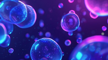 Vibrant Floating Bubbles with Colorful Reflections Against a Dark Background, Ideal for Abstract and Science-Themed Design Projects