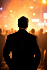 Bodyguard ensuring client safety while observing bustling crowd during evening event