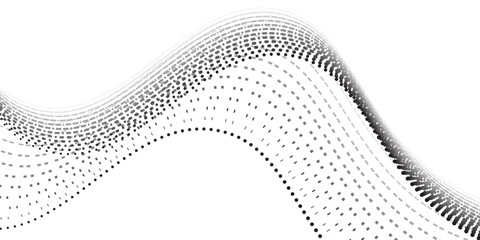 Flowing dots particles wave pattern halftone gradient curve shape isolated on white background.