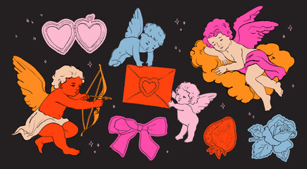 Valentine Day cherub doodle set, vector hand drawn love collection, cute cupid . Vector romantic coquettish scribble, ribbon bow arrow baby angel. Whimsical Valentine doodle