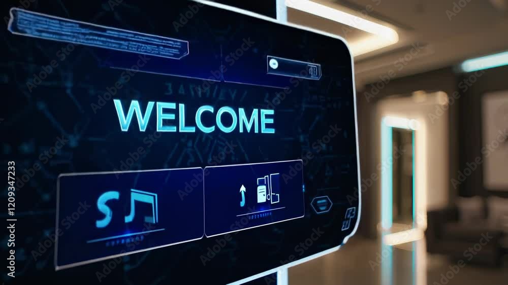 Poster innovative reception area showcasing modern design and interactive technology in a contemporary lobb