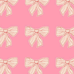 bow seamless pattern. Doodle gift ribbon. Hand drawn bow knots for greeting cards and holiday invitation, banner, poster. Decorative variety styles and shapes bows.