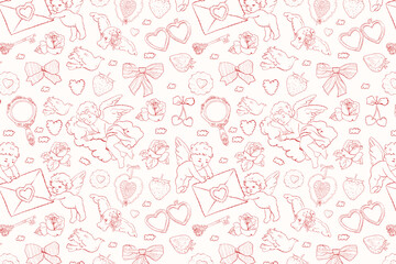 Valentine Day cherub doodle set, vector hand drawn love collection, cute cupid . Vector romantic coquettish scribble, ribbon bow arrow baby angel. Whimsical Valentine doodle