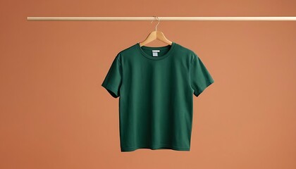 plain green t shirt on hanger. blank t-shirt mockup,huk mockup of a plain DARK green t-shirt, displayed on a hanger against a clean PEACH background.3453