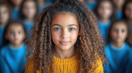 Young Girl with Curly Hair Wearing Yellow Sweater Surrounded by Blurred Background of Other Children in Blue Sweaters in a School Environment