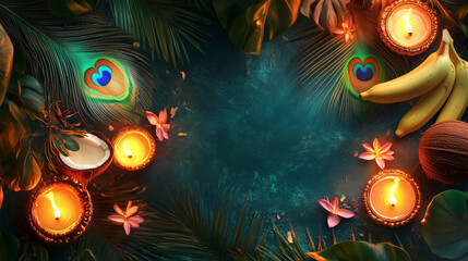 Sacred Thaipusam Celebration Featuring Diya Lights, Peacock Feathers, Bananas, Lotuses, and Coconuts in a Festive Background