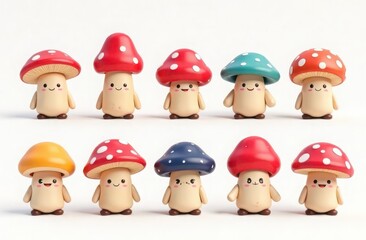 mushroom mascots cute kawai icon set , emotions, funny set of 10 on white background