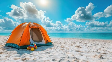 A vibrant beach scene featuring an orange tent and toys on sandy shore under a bright sky.