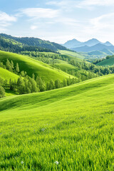 Fototapeta premium A lush green field with mountains in the background