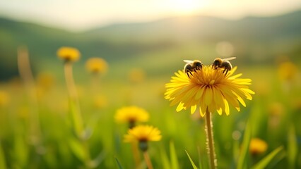 Fototapeta premium Concetto di Primavera: tarassachi primaverili con api in giardino fiorito