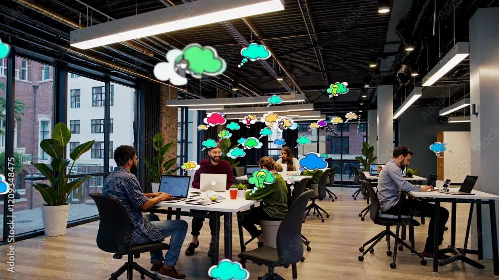 Poster creative brainstorming session in a modern office with diverse professionals discussing ideas