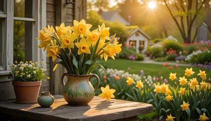 Concetto di Primavera: decorazioni primaverili con narcisi su portico casa rustica di campagna con giardino