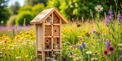 Wooden insect hotel situated amidst a vibrant wildflower meadow, attracting beneficial pollinators and promoting biodiversity in a natural garden setting.