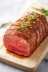 A piece of meat with rosemary on top of it