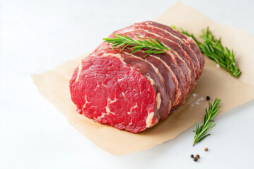 Fototapeta premium A piece of meat is displayed on a paper towel with some herbs on top
