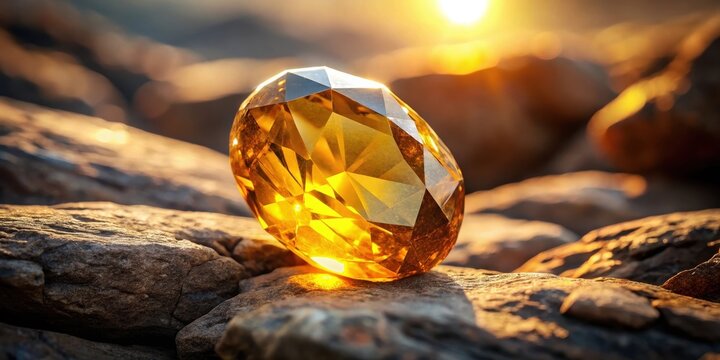 A Golden Gemstone Rests on Rough Rocks at Sunset, Illuminated by Warm Light