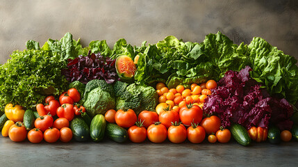 A highly detailed photography of a vibrant garden bed filled with fresh, colorful vegetables like tomatoes, lettuce, and cucumbers, basking in the soft glow of natural sunlight.