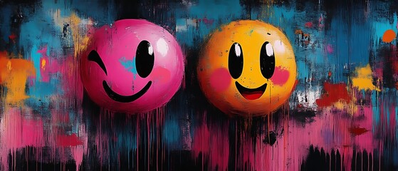Playful pink and yellow emoticon faces on an abstract background.