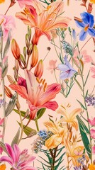 Realistic vintage drawing of spring flowers backgrounds pattern plant