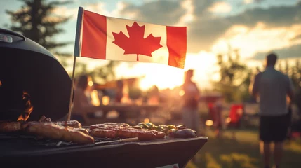 Photo sur Plexiglas BBQ scene at sunset with Canadian flag, people celebrating Canada day outdoors