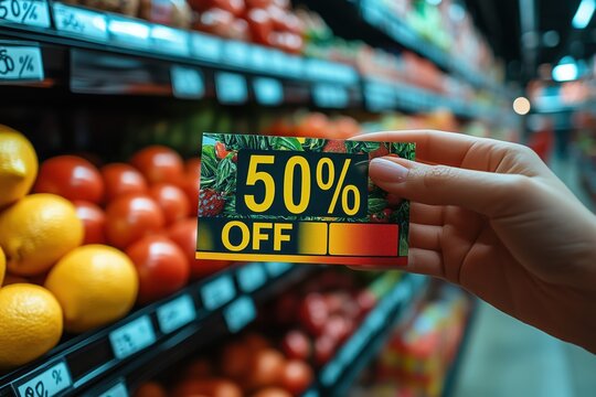 Rabattaktion im Supermarkt mit 50%-Rabatt-Gutschein

