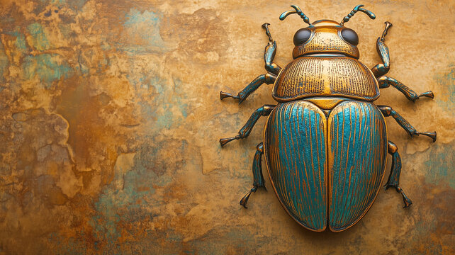 Ancient Egypt concept background with empty copy space. Sacred Egyptian scarab beetle.. Digital painting in photo style. AI artwork.