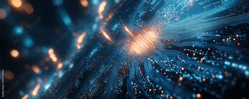 Poster abstract digital network: glowing blue and orange data streams