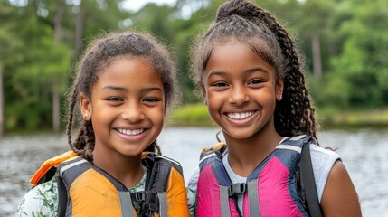 Two smiling girls in life jackets by a lake, enjoying a fun outdoor activity.