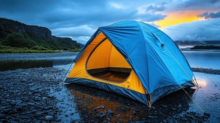 Obraz premium A vibrant blue and yellow tent set by a river at sunset, ideal for camping and outdoor adventures.