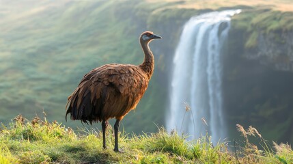 A bird stands on a grassy hill with a waterfall in the background, showcasing nature's beauty.