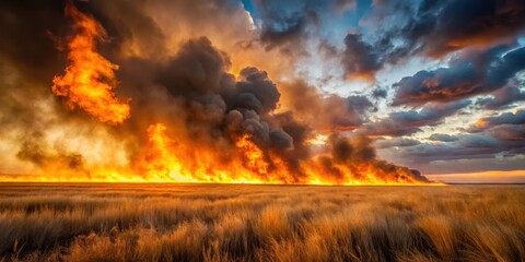 Fototapeta premium Fiery Sunset Blaze Across a Vast Prairie Landscape A Dramatic Image of Wildfire