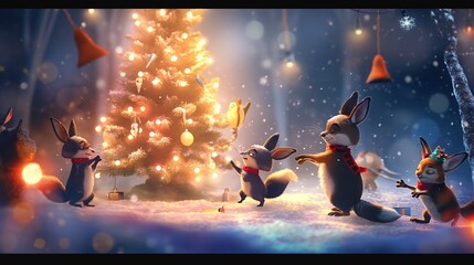 Adorable cartoon forest animals decorating a glowing Christmas tree in a snowy forest under warm holiday lights.