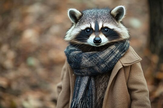 Adorable raccoon wearing a stylish coat and scarf in a beautiful autumn forest setting