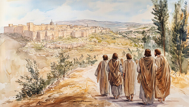 Jesus shares wisdom with disciples on their journey to Jerusalem, surrounded by ancient city walls and rolling hills