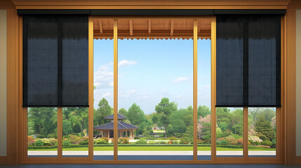 Japanese garden view, sliding doors, room interior, serene
