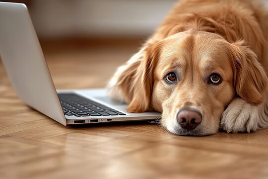 Adorable golden retriever lying beside a laptop on a wooden floor.