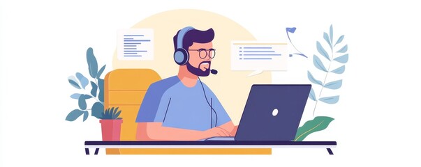 Crm, mockup or man in a telemarketing call center helping, talking or networking online via microphone. Contact support, consultant or insurance agent in communication at customer services or sales, G