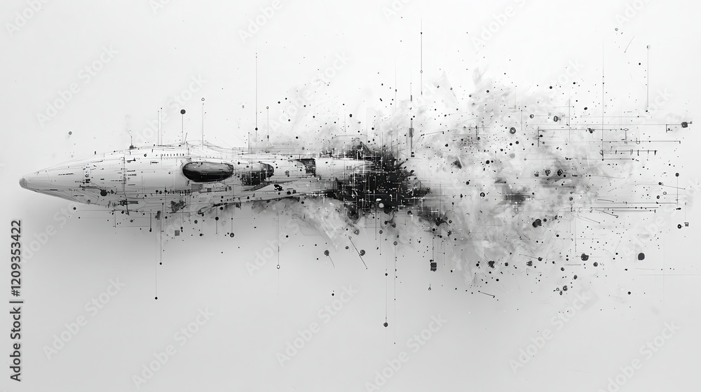 Aufkleber monochrome abstract image of a futuristic spaceship leaving a trail of particles.