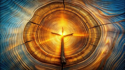 A Glowing Wooden Cross at the Center of a Tree Stump's Rings Symbol of Nature, Spirituality, and Growth