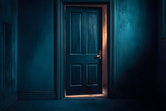 Mysterious door ajar in dark room with eerie glow